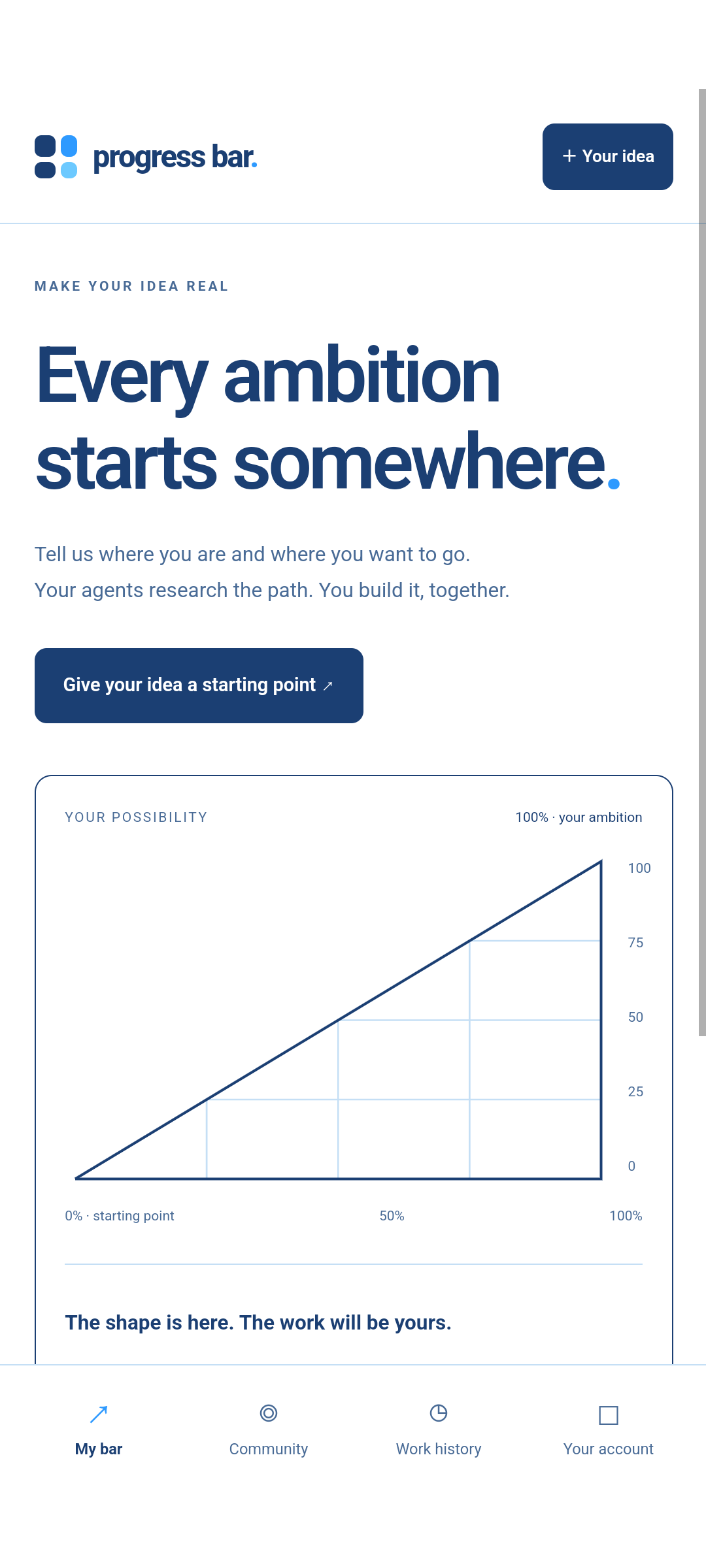 Progress Bar for Android, version 0.7.2: the white and navy Progress Bar app with its rising triangular bar and app navigation.